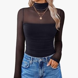 NWOT Women’s Black Sheer Mock Neck Long Sleeve Bodysuit